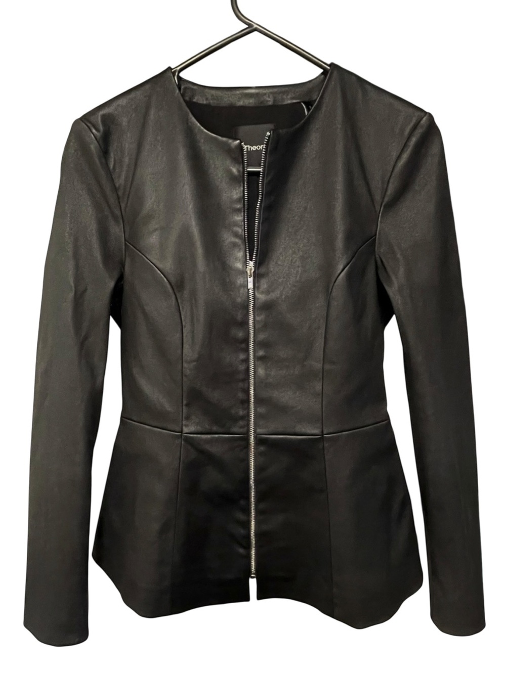 Theory Clean Fitted Stretch Lambskin Leather Peplum Zip Jacket 4 S Black Blazer - Picture 12 of 12